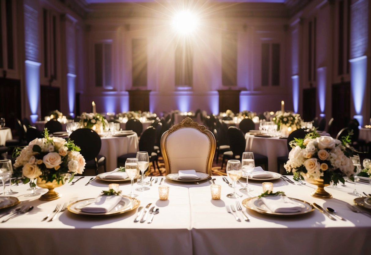 A grand ballroom with a spotlight on an ornate chair at the head table, surrounded by elegant place settings and floral centerpieces