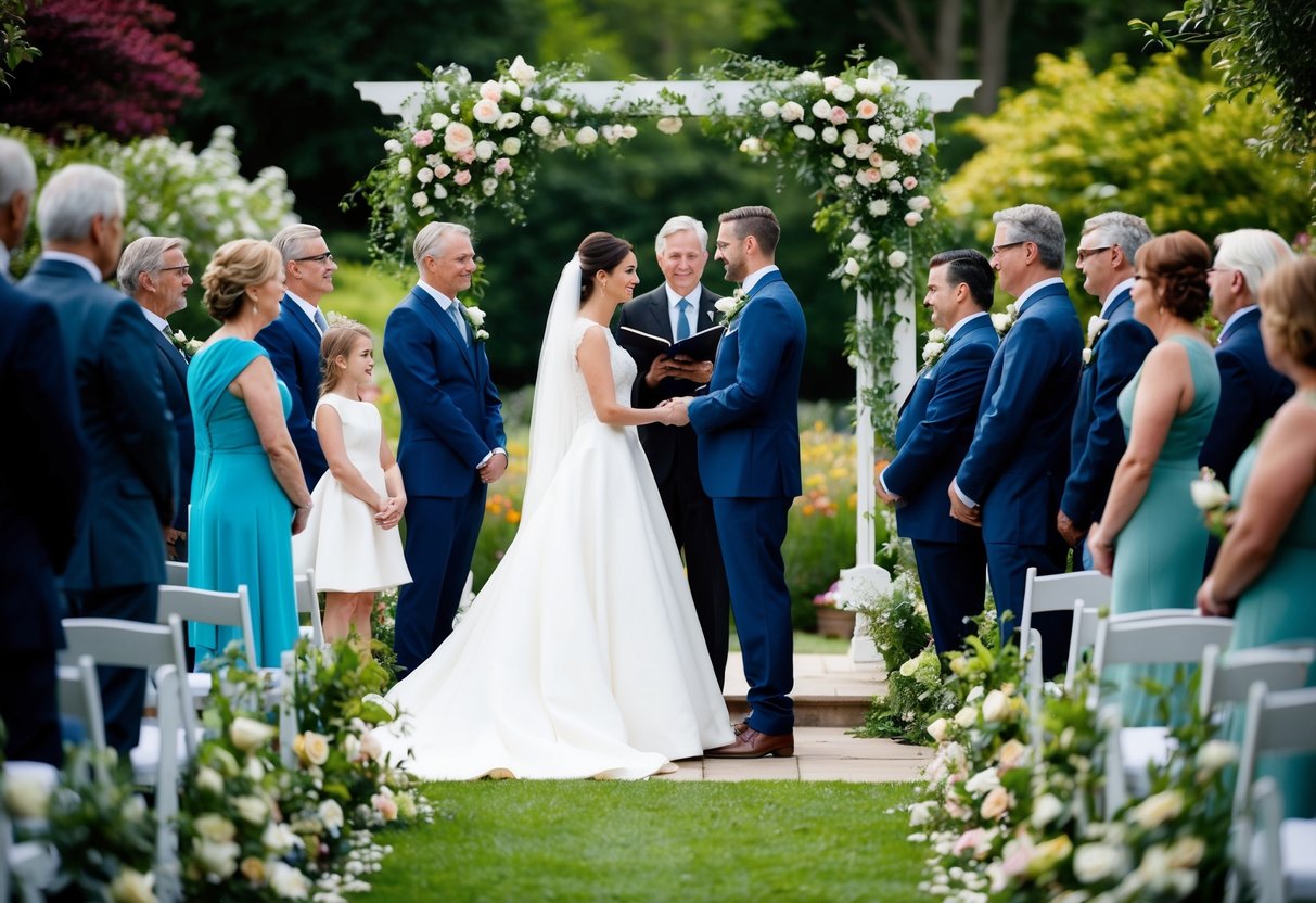 A bride and groom stand at the altar, surrounded by family and friends. The ceremony takes place in a beautiful garden, with flowers and greenery all around