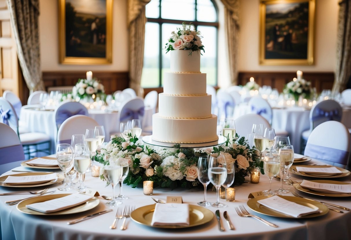 A table set for 100 guests at a British wedding, with elegant place settings, floral centerpieces, and a tiered wedding cake