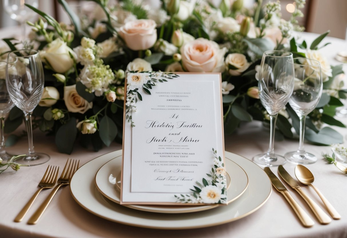 A beautifully decorated wedding invitation nestled among elegant floral arrangements and place settings on a table