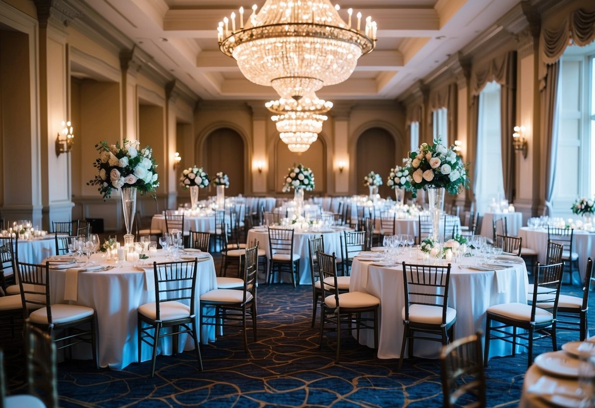 A grand banquet hall with elegantly set tables and chairs, adorned with floral centerpieces and twinkling lights, awaits the arrival of wedding guests