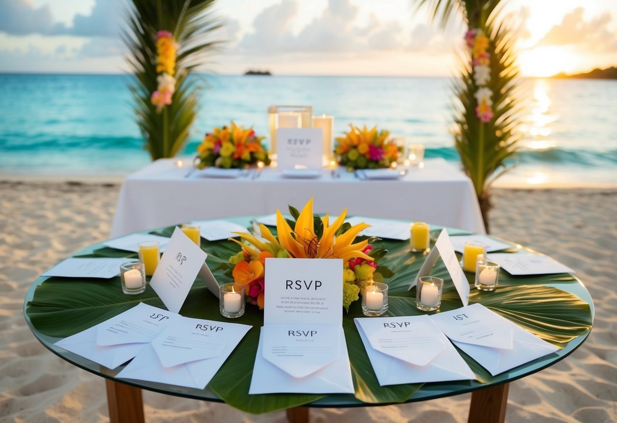 A tropical beach wedding setting with a table displaying RSVP cards and envelopes addressed to various guests