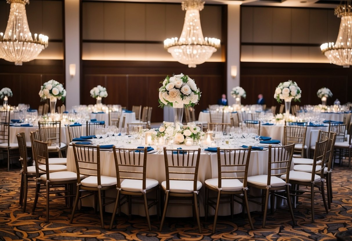 A festive wedding banquet with tables set for a large number of guests, adorned with elegant decorations and floral arrangements