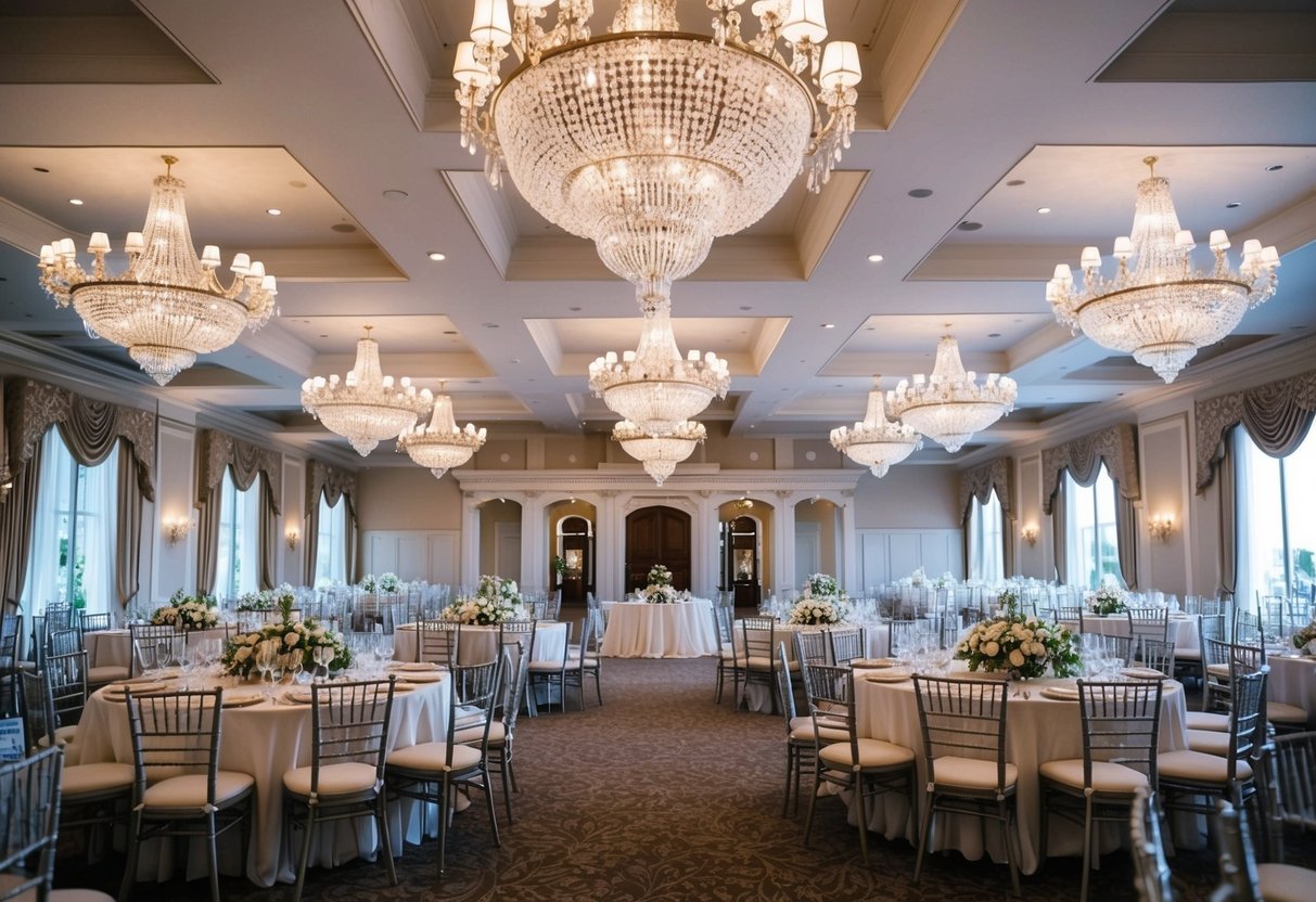 A grand, ornate wedding venue with a spacious interior and beautiful grounds, ready to accommodate a large number of guests