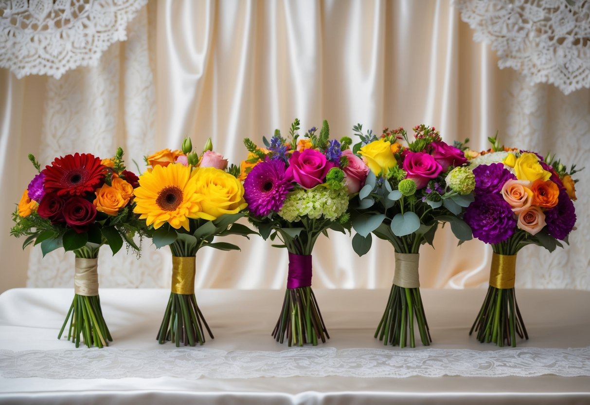 Six colorful bouquets arranged in a row, each with a different style and size, set against a background of elegant lace and satin fabric