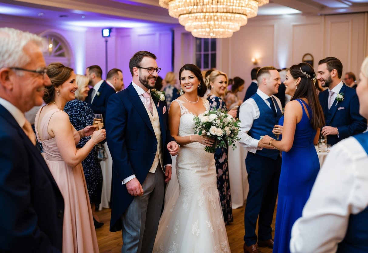 A traditional British wedding reception with a mix of formal and informal settings, showcasing a diverse group of guests mingling and enjoying the festivities