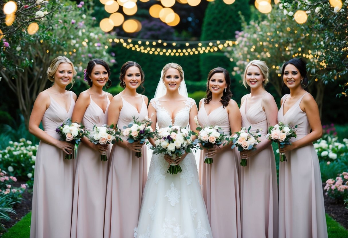 A bride surrounded by six bridesmaids in matching dresses, standing in a garden adorned with flowers and twinkling lights