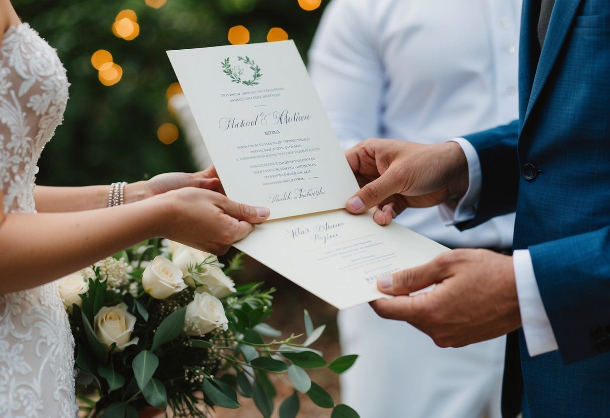 A wedding invitation being handed to one person in a couple