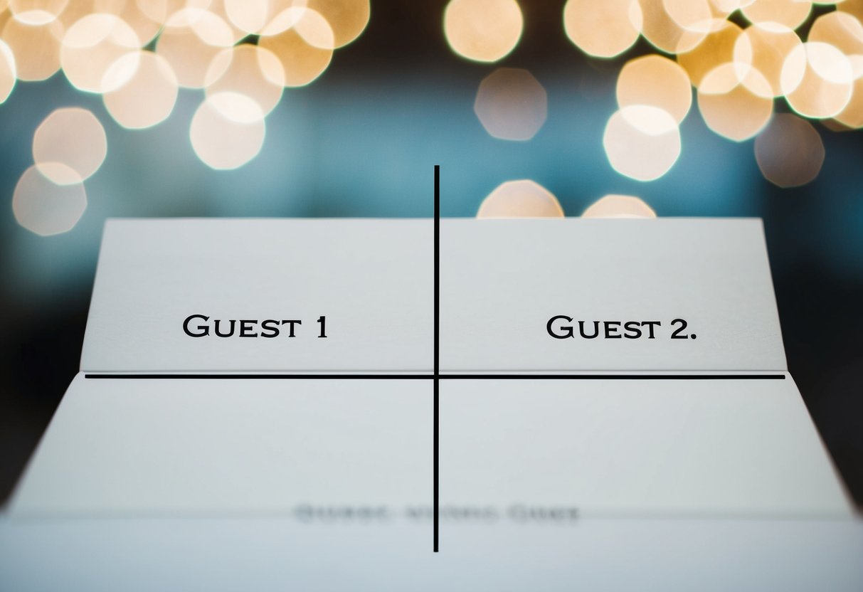 A wedding invitation with a line drawn down the middle, one side labeled "Guest 1" and the other side labeled "Guest 2."