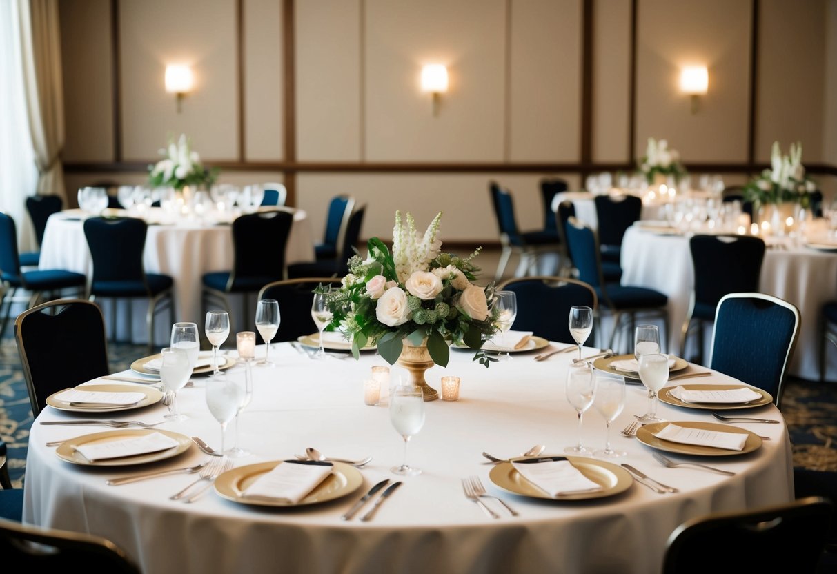 A beautifully set banquet table with elegant place settings and floral centerpieces, surrounded by empty chairs