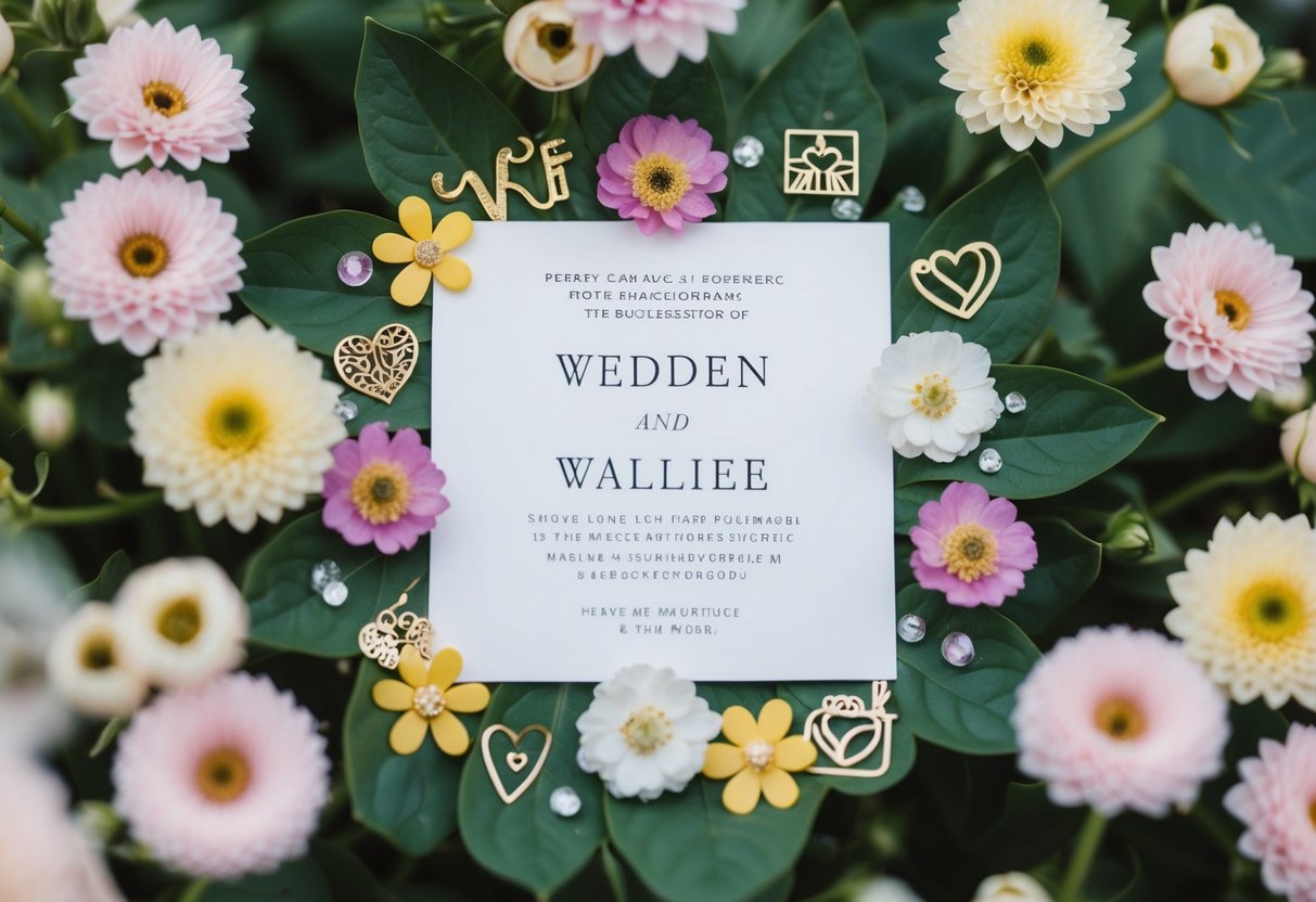 A wedding invitation with a single name on it, surrounded by decorative flowers and symbols of love
