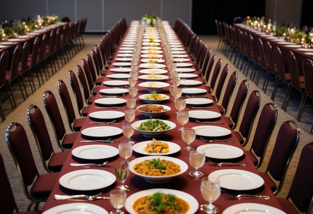 A long banquet table set with plates, utensils, and a variety of food dishes, surrounded by 100 empty chairs