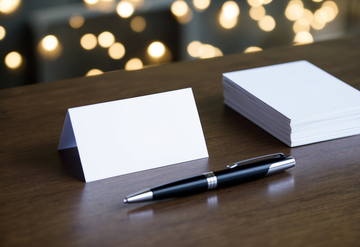 A table with a blank space for a name card and a pen beside it. A stack of blank RSVP cards sits nearby