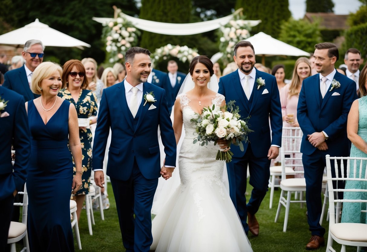 A wedding scene with various guests arriving, including families, friends, and couples. Decorations and seating arrangements reflect different wedding styles