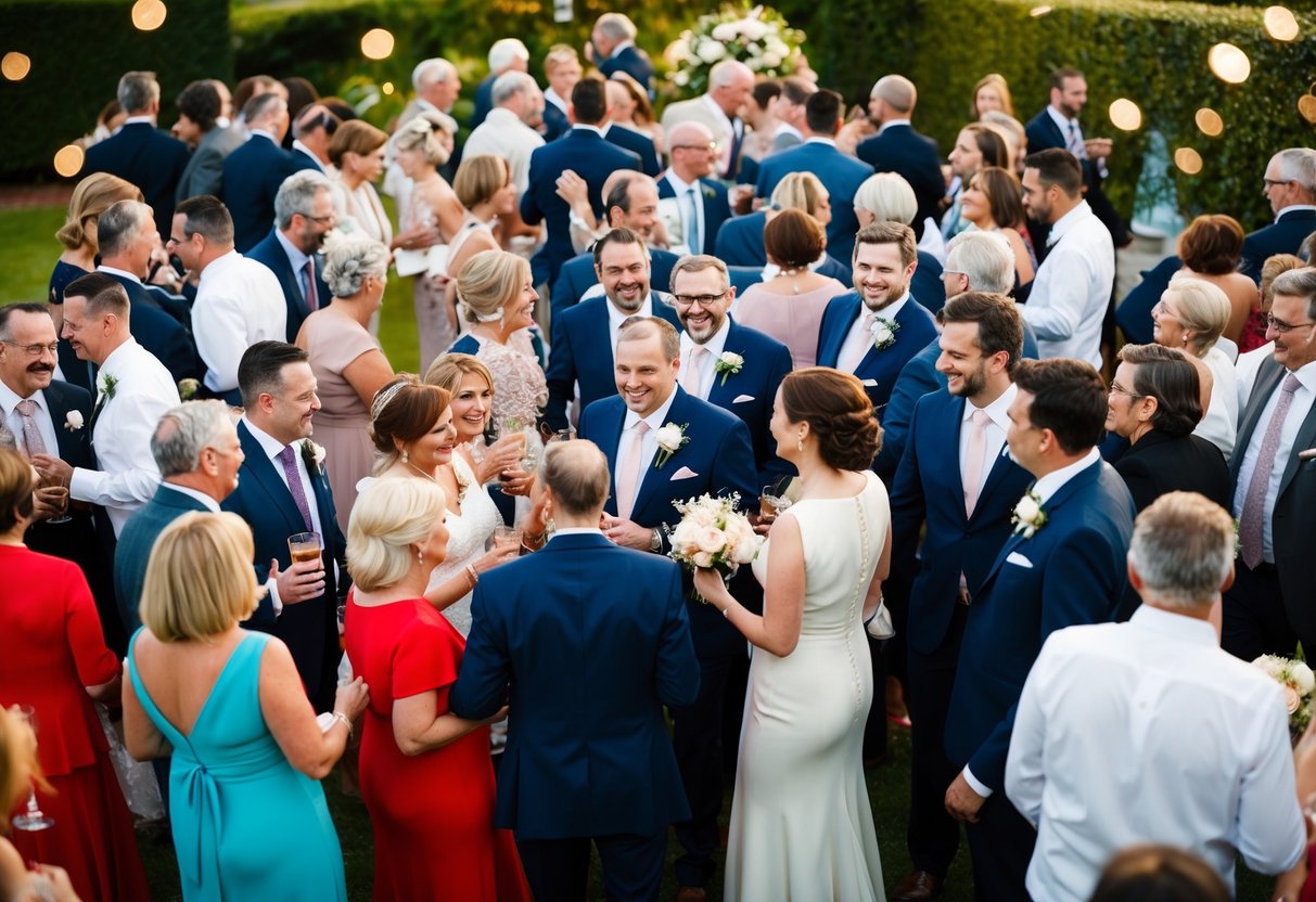 A diverse array of wedding guests mingling and celebrating in equal numbers