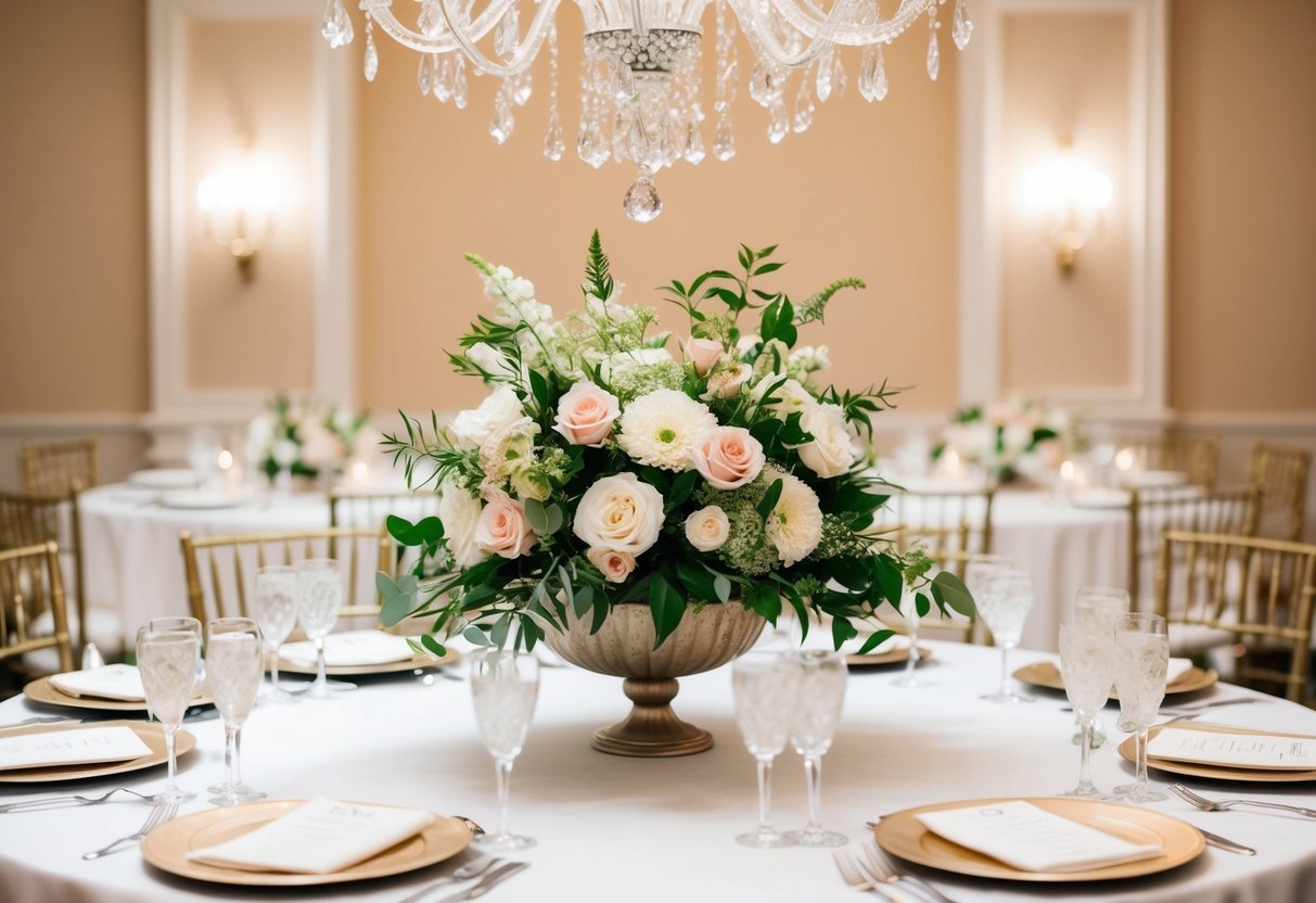 A floral centerpiece on a round table, surrounded by elegant place settings and a crystal chandelier overhead