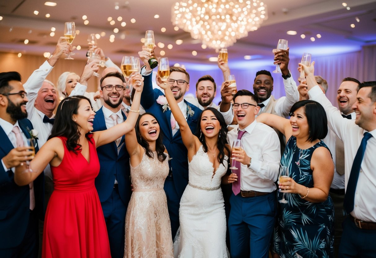 A joyful gathering of diverse guests celebrating together at a wedding reception