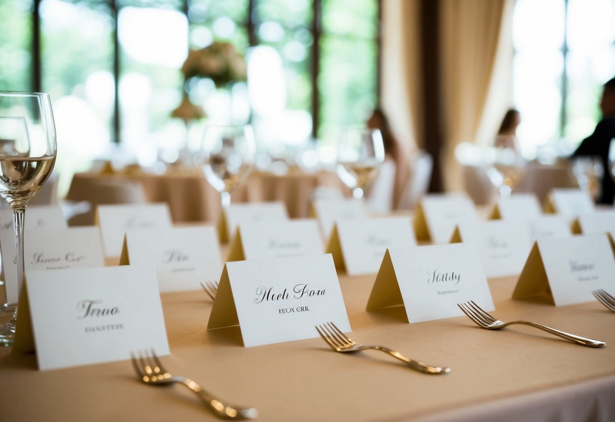 A group of elegantly arranged place cards on a table, with the second tier wedding guest's name prominently displayed