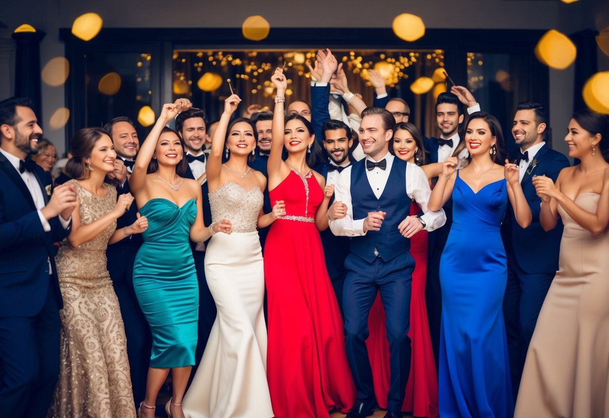 A group of elegantly dressed figures gathered in a festive setting, celebrating with music and dancing