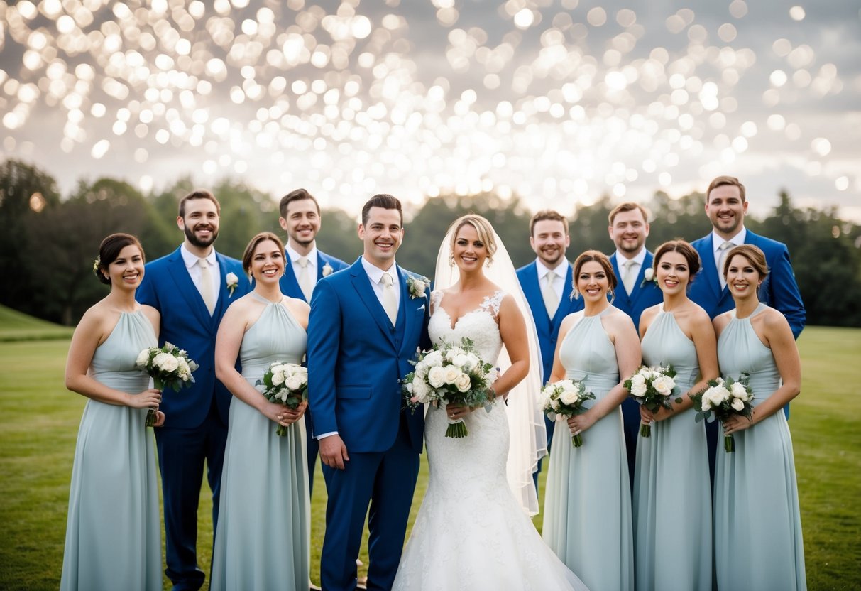 A bride and groom stand at the center of a group of 4 bridesmaids and 4 groomsmen, all smiling and posing for a photo