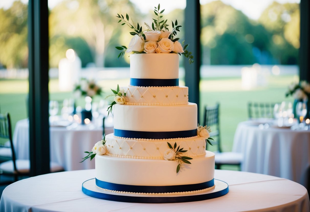 A tiered cake with three layers, each representing a different guest category, with the second tier adorned with elegant decorations