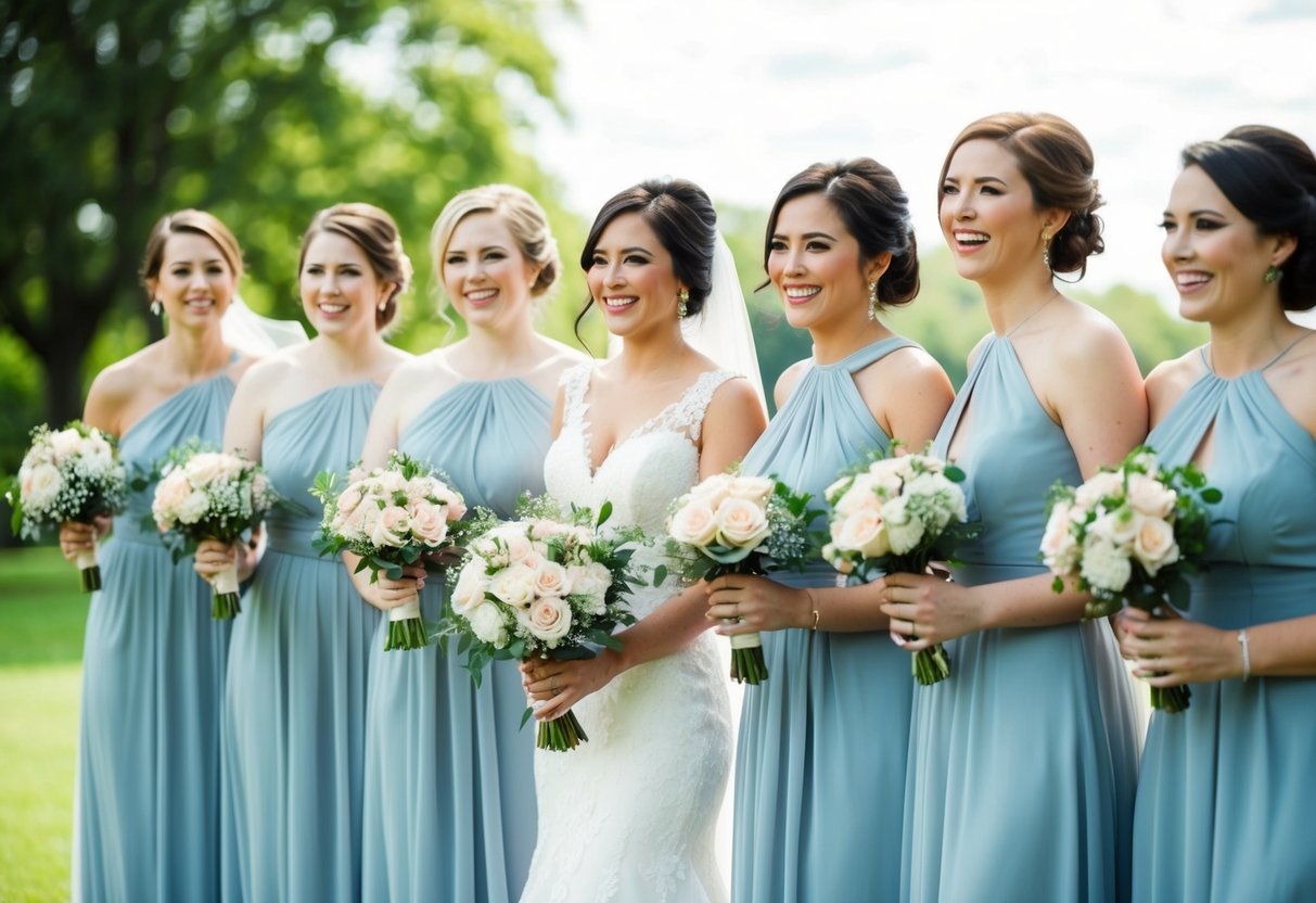 A group of bridesmaids standing in a line, holding bouquets and smiling