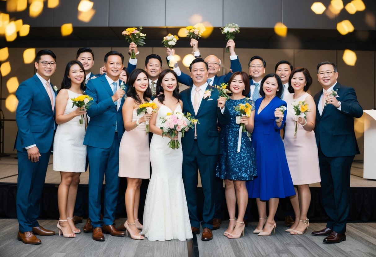 A group of people standing together, some holding flowers, others dressed in formal attire. They appear to be celebrating an event