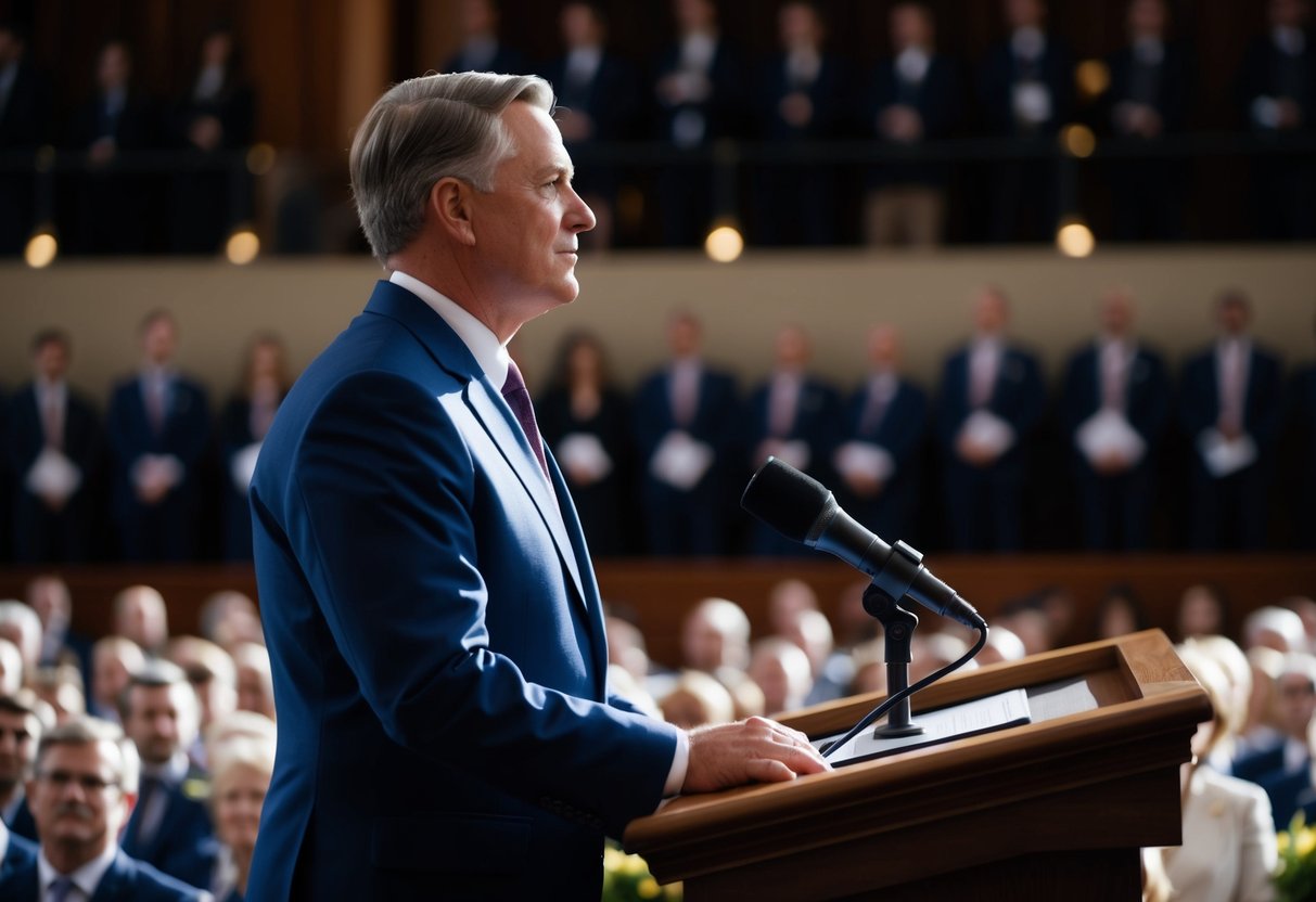 A well-dressed figure standing at a podium, holding a microphone and looking out at a crowd. The atmosphere is formal and ceremonial