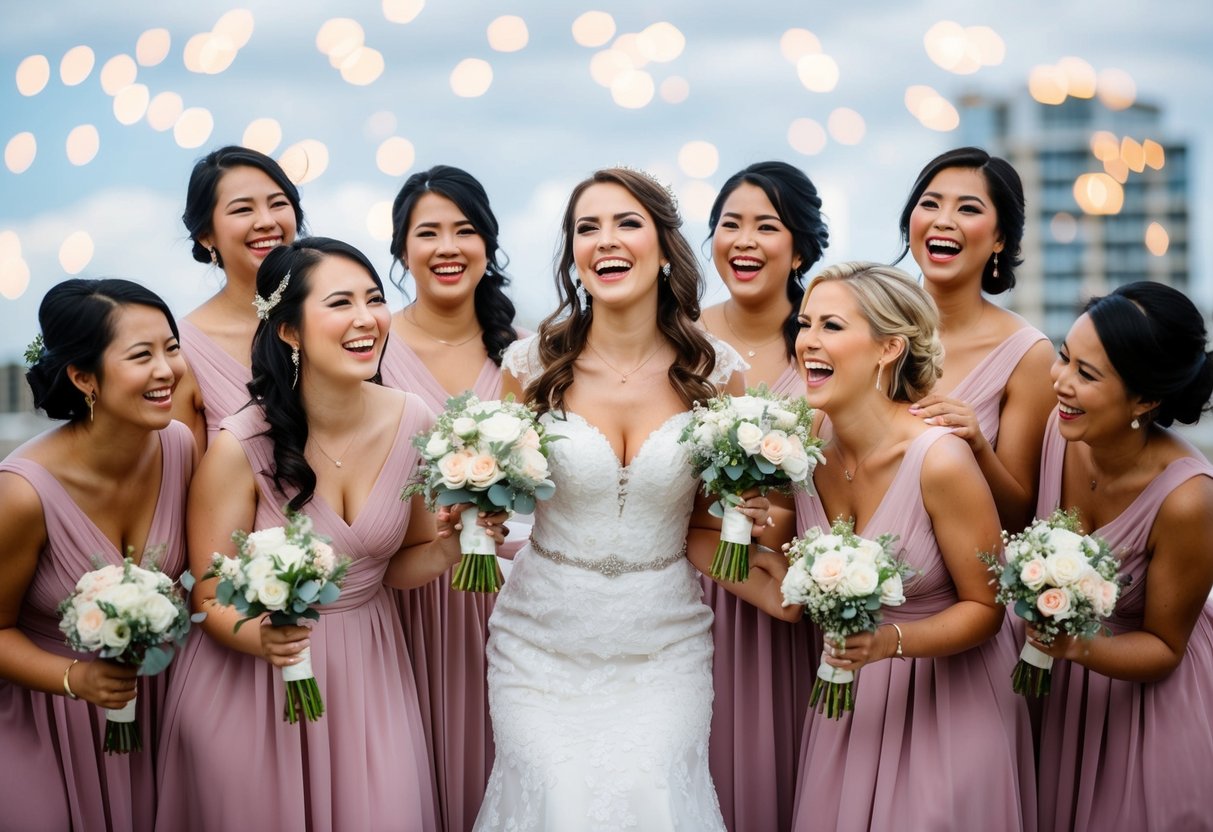 A bride surrounded by a group of bridesmaids, all dressed in matching attire, standing together in a joyful and celebratory pose