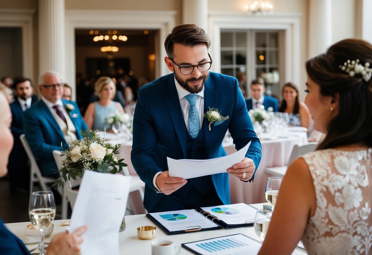 A wedding planner reviewing venue options and budgeting documents for a UK wedding party