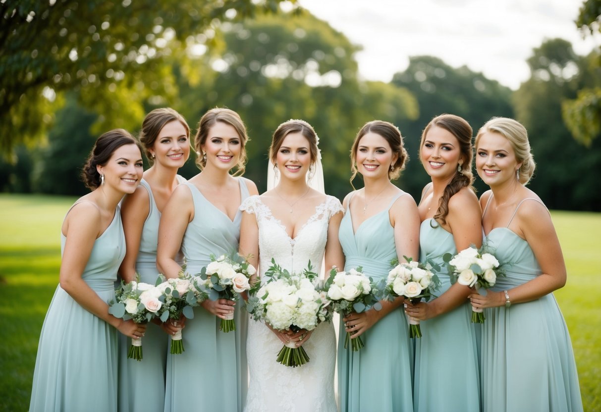 A group of bridesmaids standing together in elegant dresses, holding bouquets and smiling