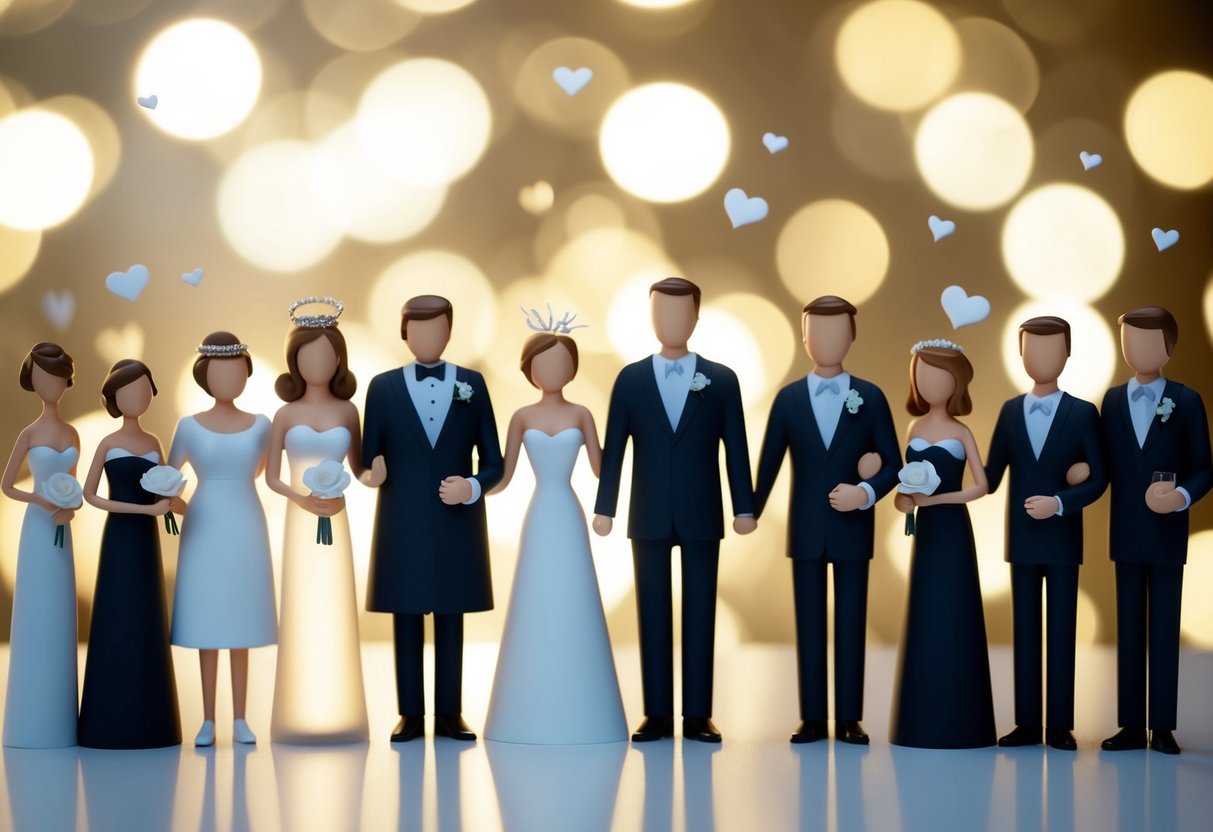 A group of stylized wedding party figures of varying sizes and styles, gathered together in a celebratory scene