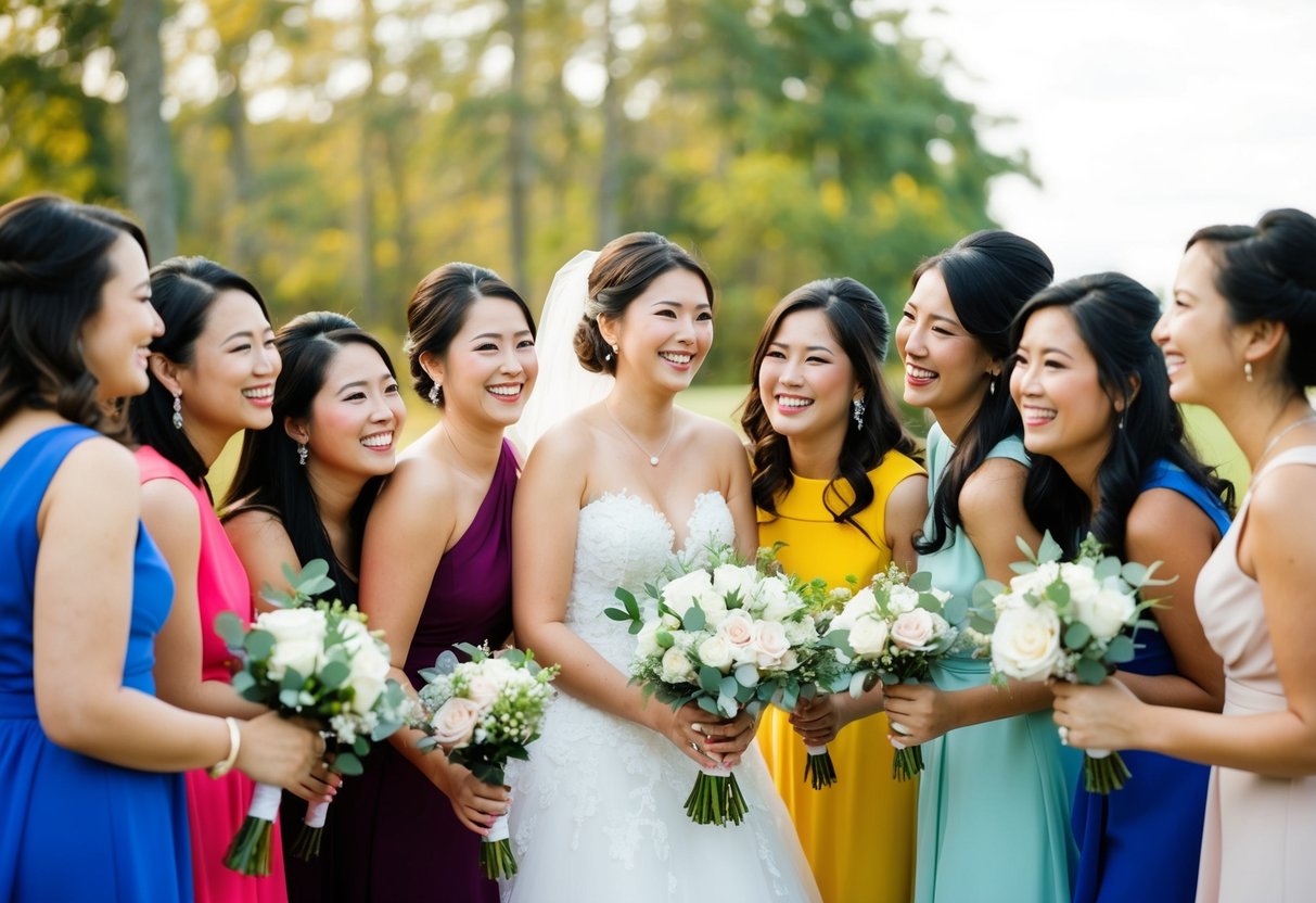 A bride surrounded by a group of supportive friends, some holding bouquets, all smiling and chatting happily