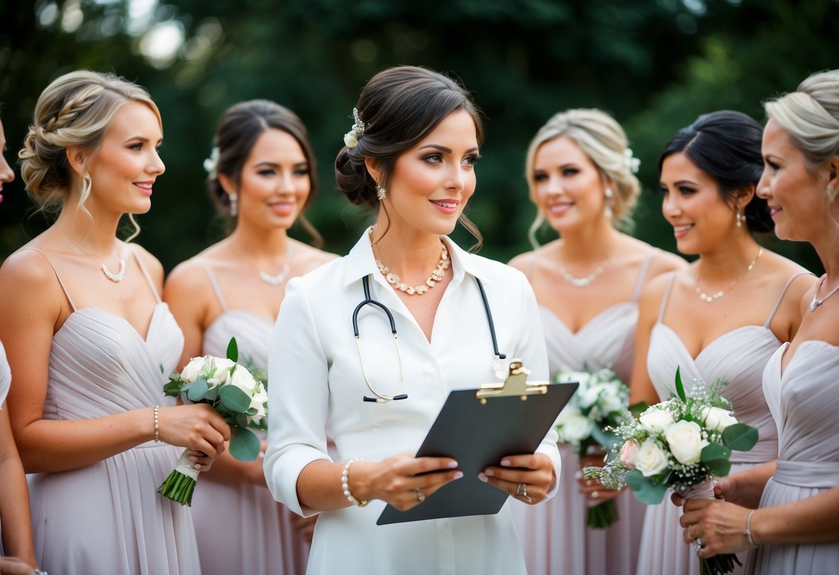A wedding planner holding a clipboard, surrounded by bridesmaids in matching dresses, discussing logistics and arrangements for the big day