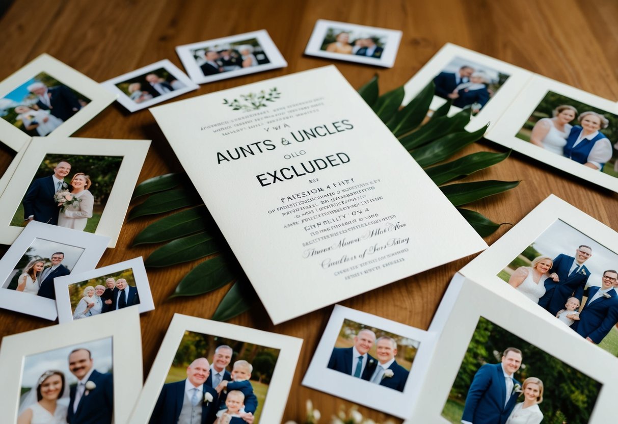 A wedding invitation with aunts and uncles excluded, surrounded by family photos and a sense of tension