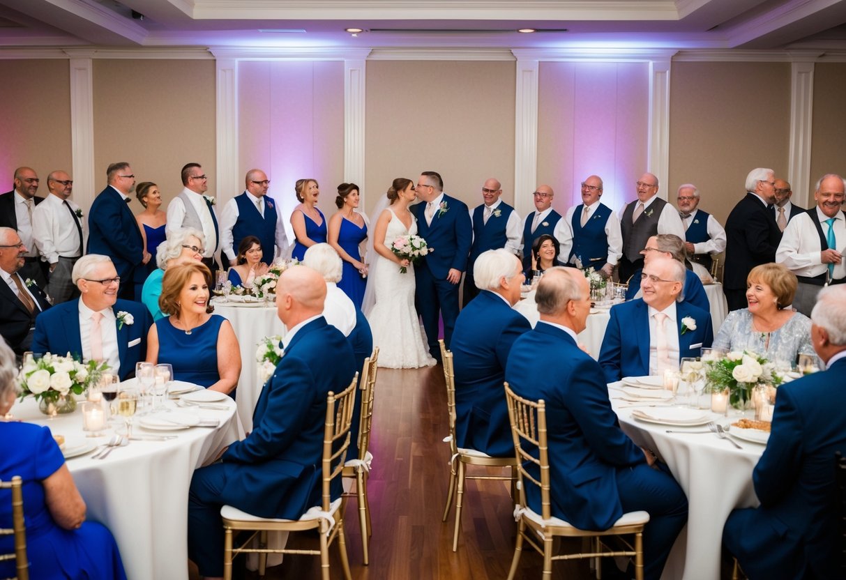 A wedding reception with family members seated at tables, some with aunts and uncles, others without. The bride and groom at the center of the room
