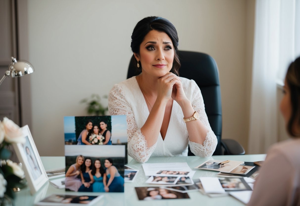 A woman sits at a desk surrounded by photos and letters, pondering her choices for bridesmaids. She looks thoughtful and contemplative, with a hint of sadness in her eyes