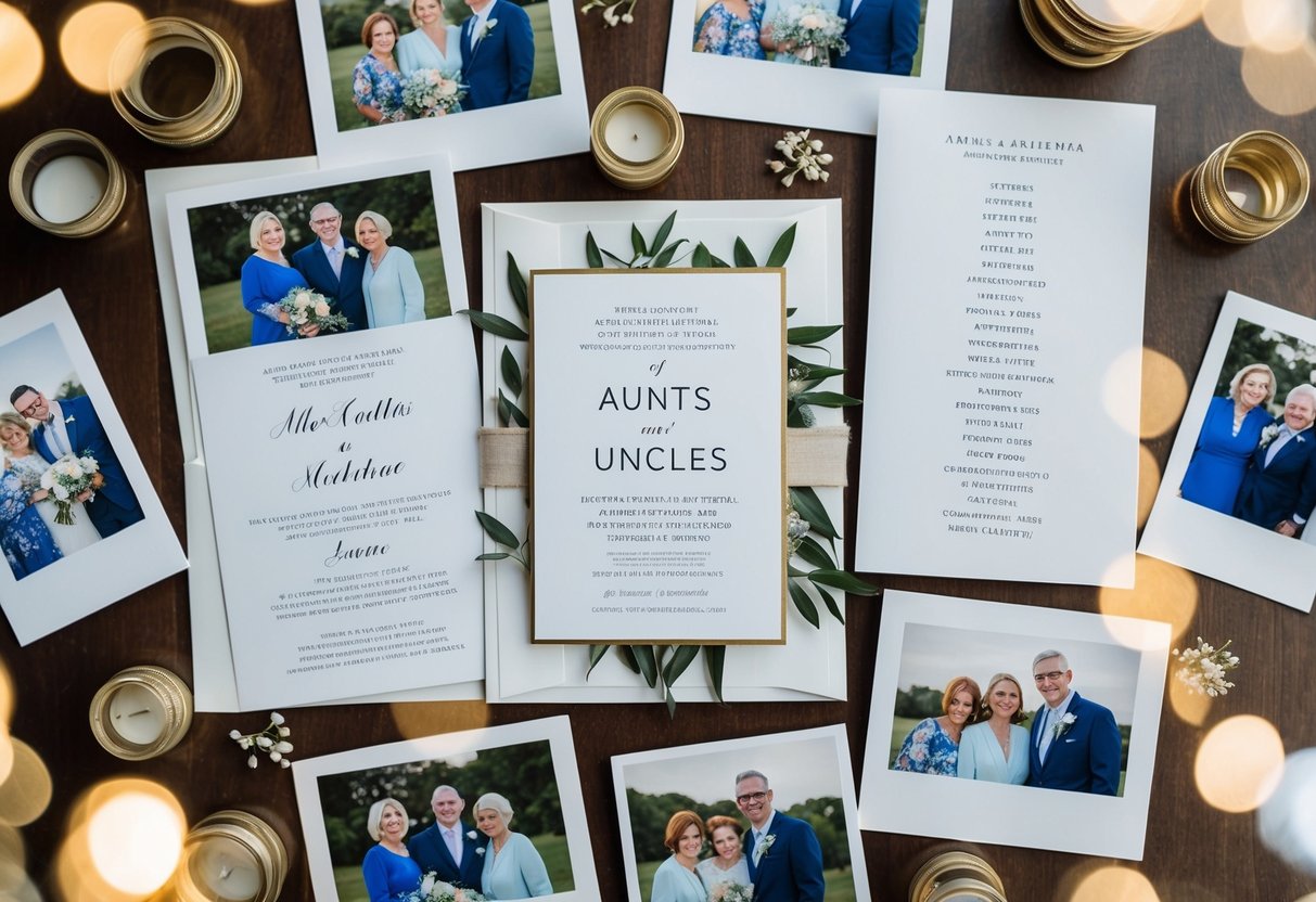 A wedding invitation surrounded by family photos and a list of names, with aunts and uncles highlighted