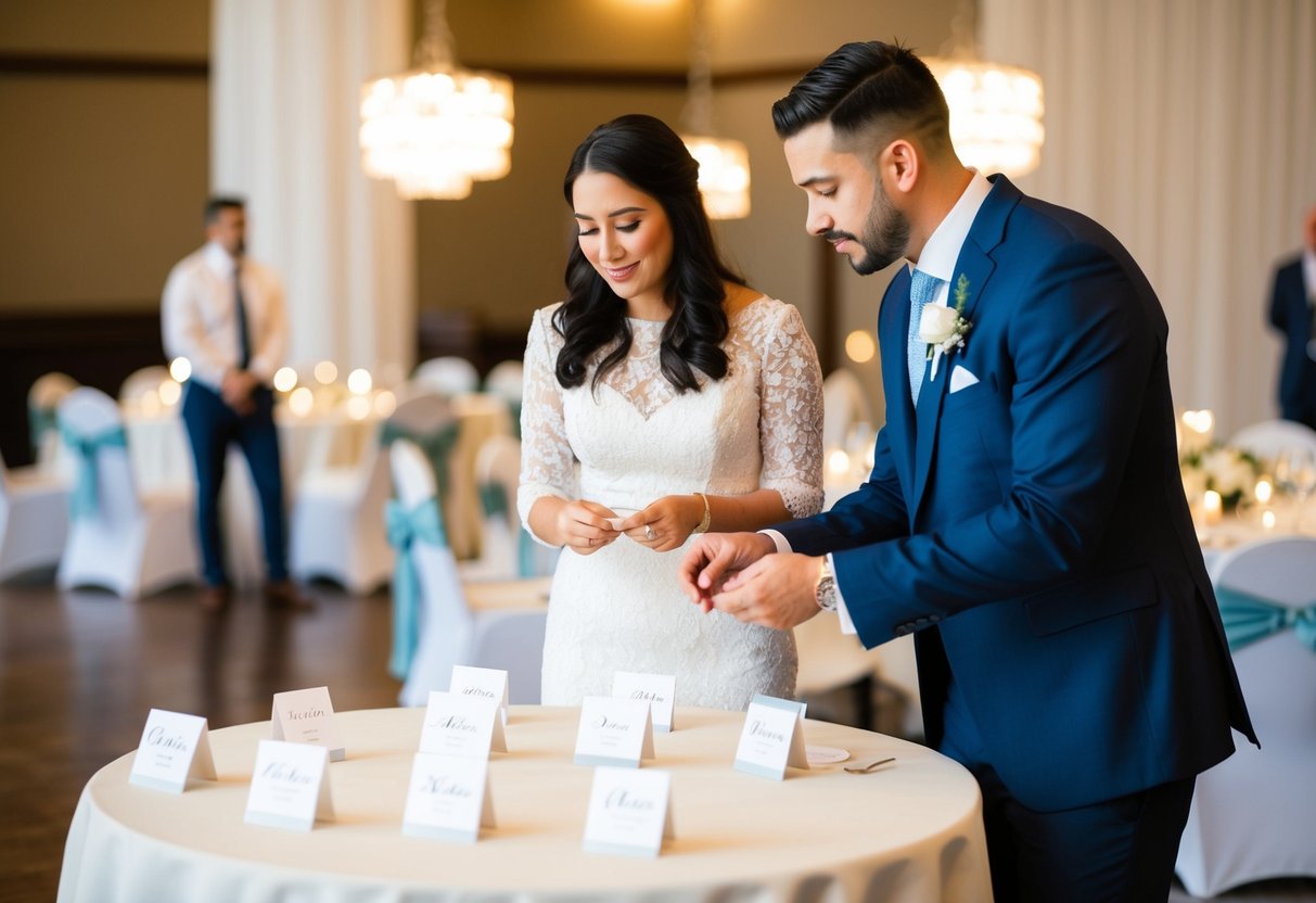 A couple at a table with a seating chart, discussing and arranging place cards for the wedding reception