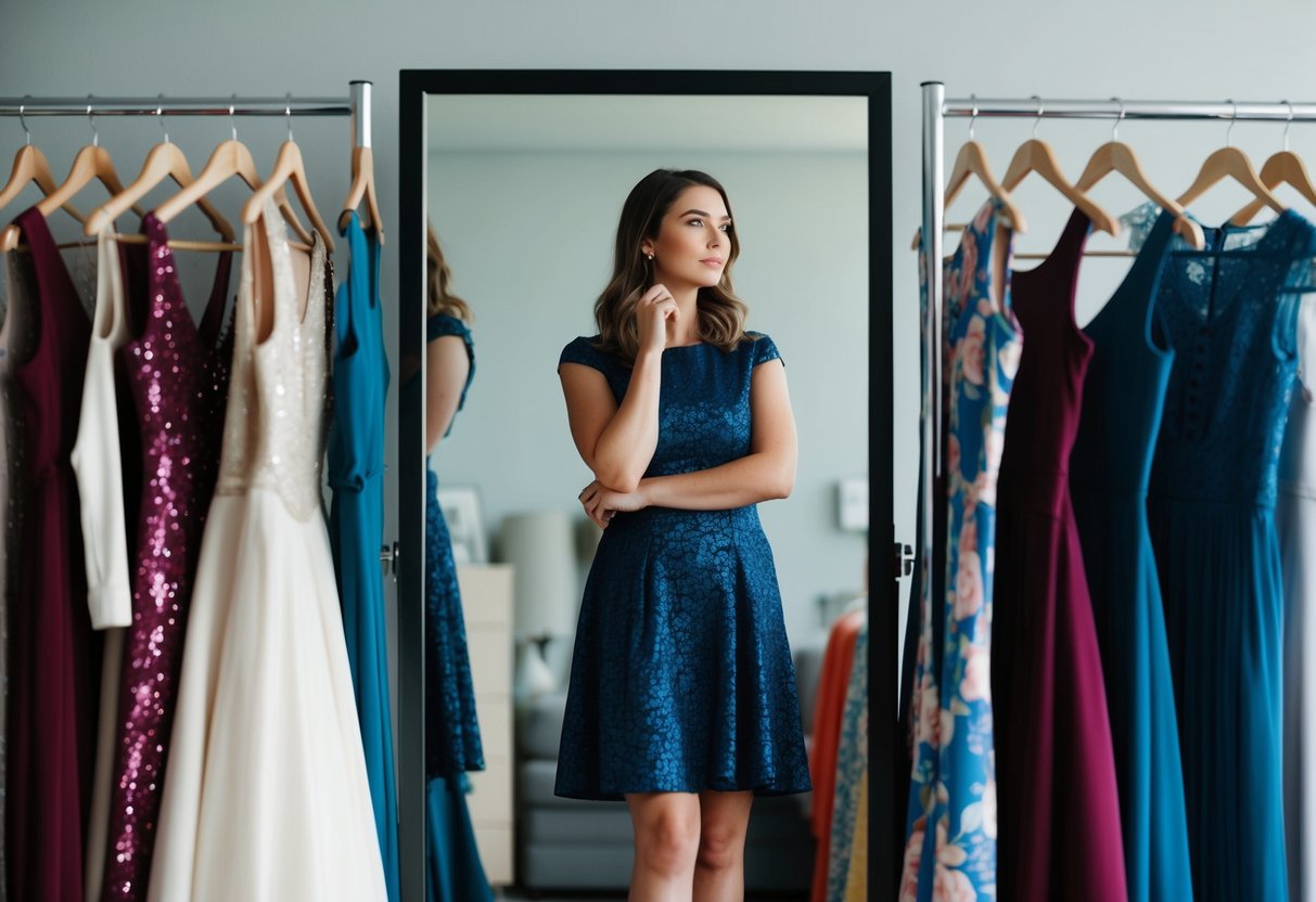 A woman stands alone in front of a mirror, surrounded by a variety of dresses and accessories. She looks contemplative as she considers her options