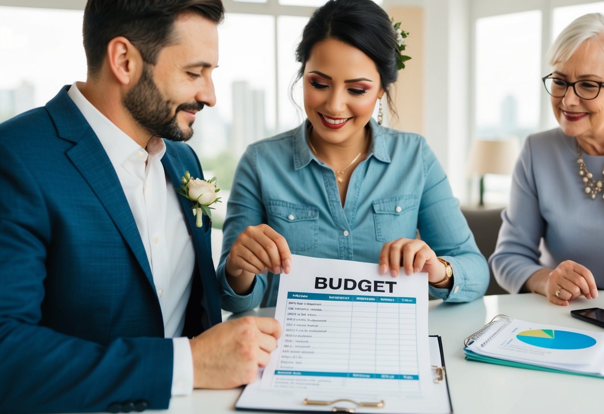 A couple reviewing a budget spreadsheet with wedding invitations and aunts and uncles' names crossed off