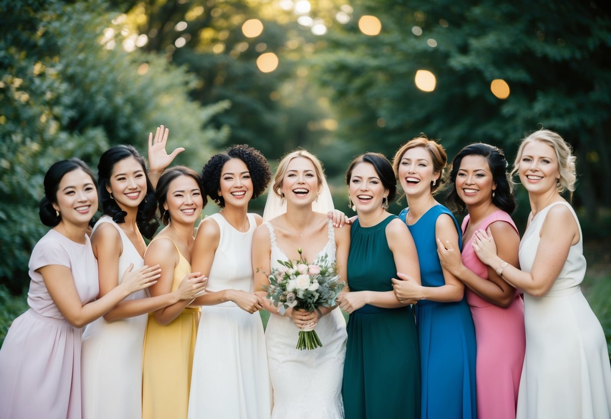 A group of diverse and joyful figures stand together, radiating support and friendship, symbolizing non-traditional bridesmaids
