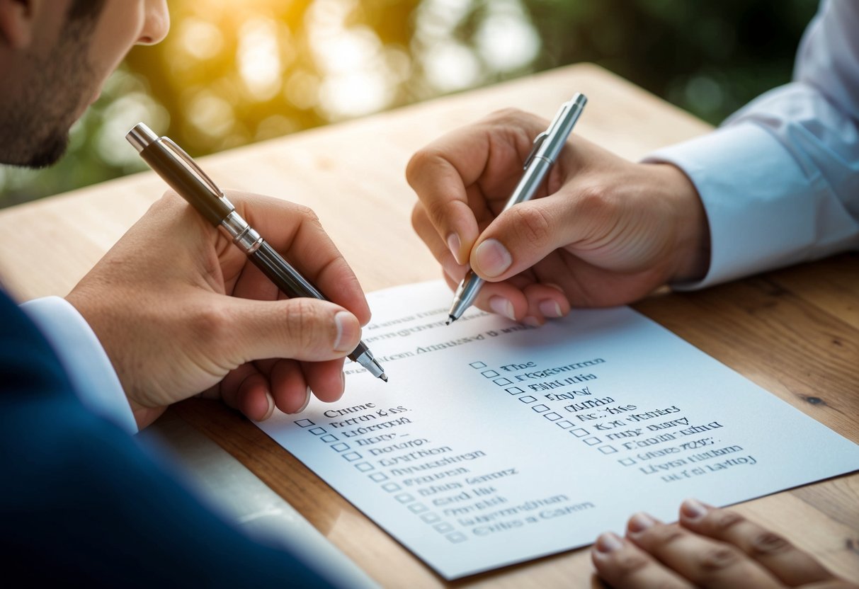 A couple holding a pen and a list, carefully selecting names to write on their wedding invitation list, with a few names crossed out