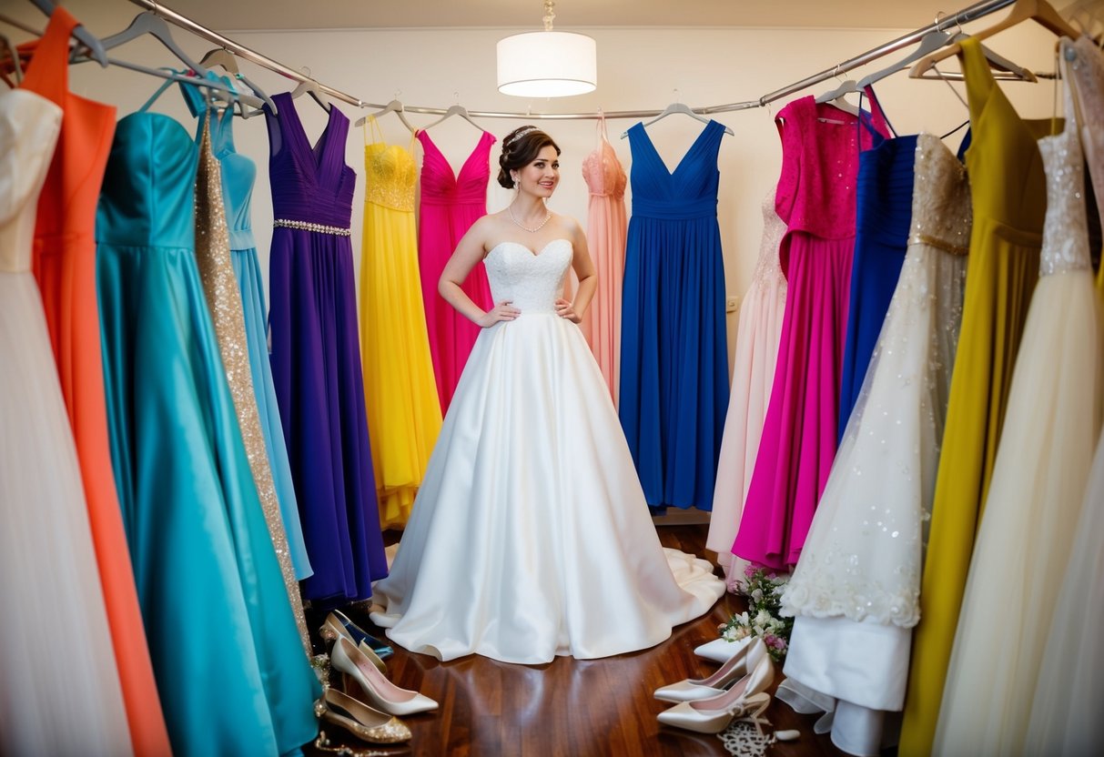 A bride stands surrounded by a variety of colorful dresses and accessories, contemplating her choices for her bridal party