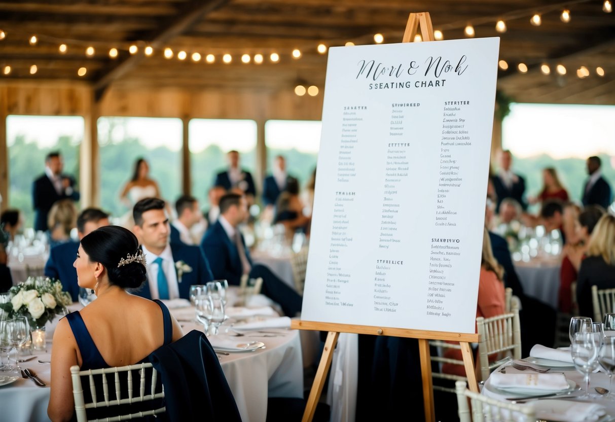 A wedding seating chart with mismatched names and tables causes confusion and frustration among guests