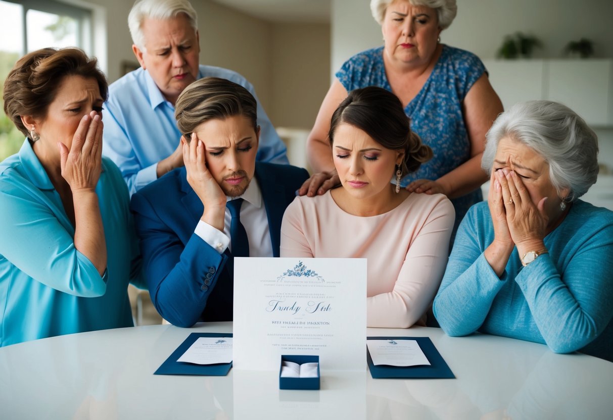 A couple sitting at a table with a wedding invitation in front of them, looking solemn as they discuss with family members who are visibly upset