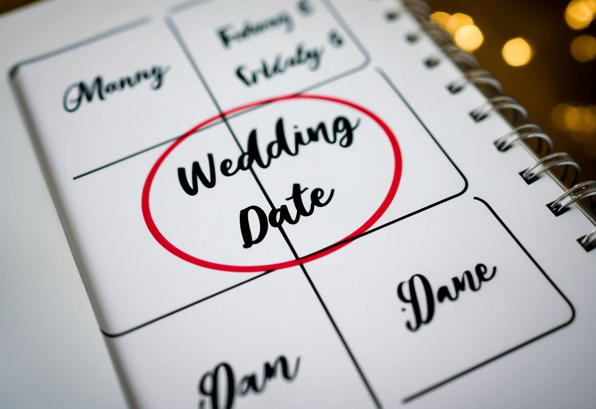 A calendar with a wedding date circled, surrounded by blank lines for names