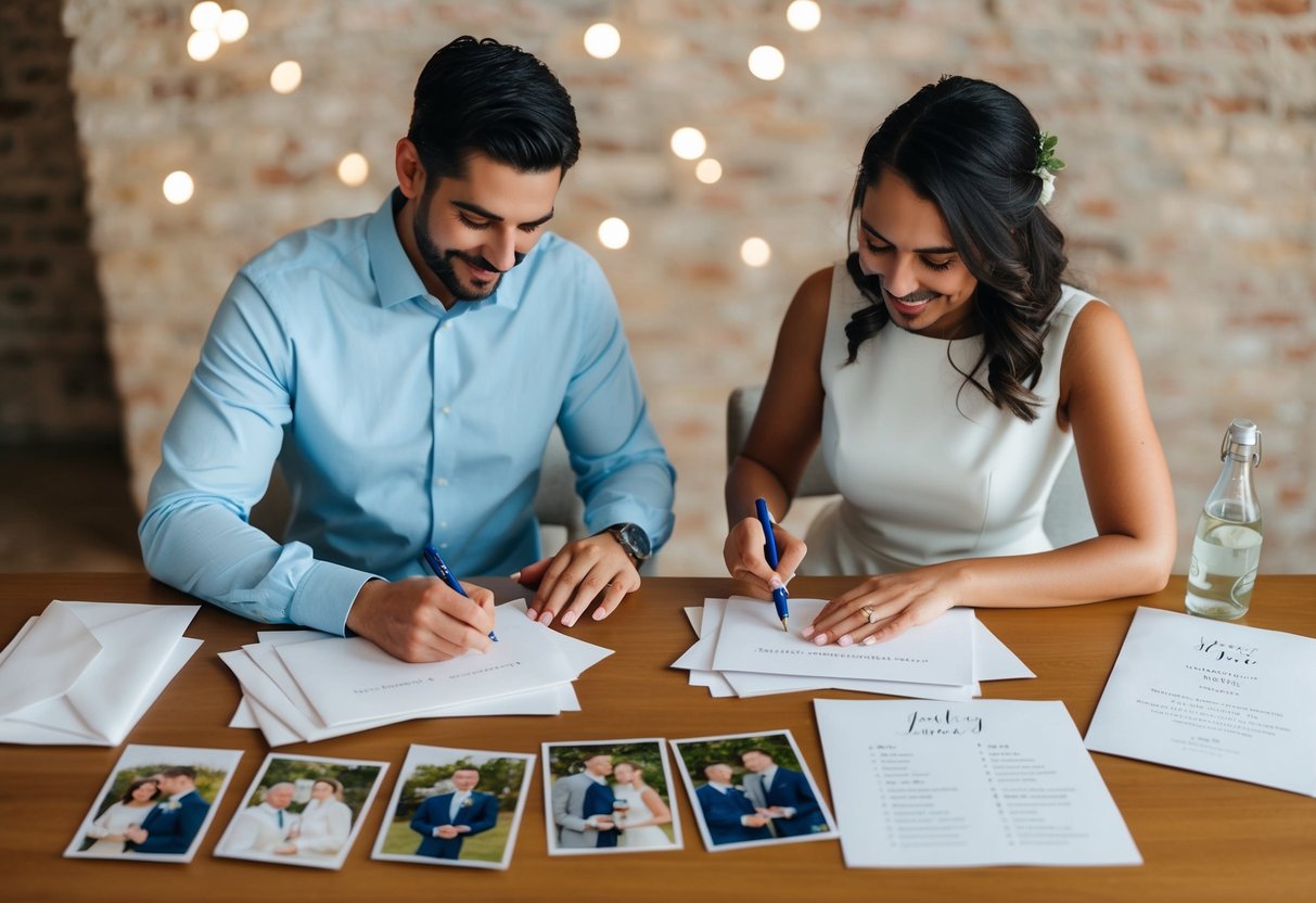 A couple sitting at a table, writing and sealing envelopes with wedding invitations. Family photos and a guest list are spread out in front of them