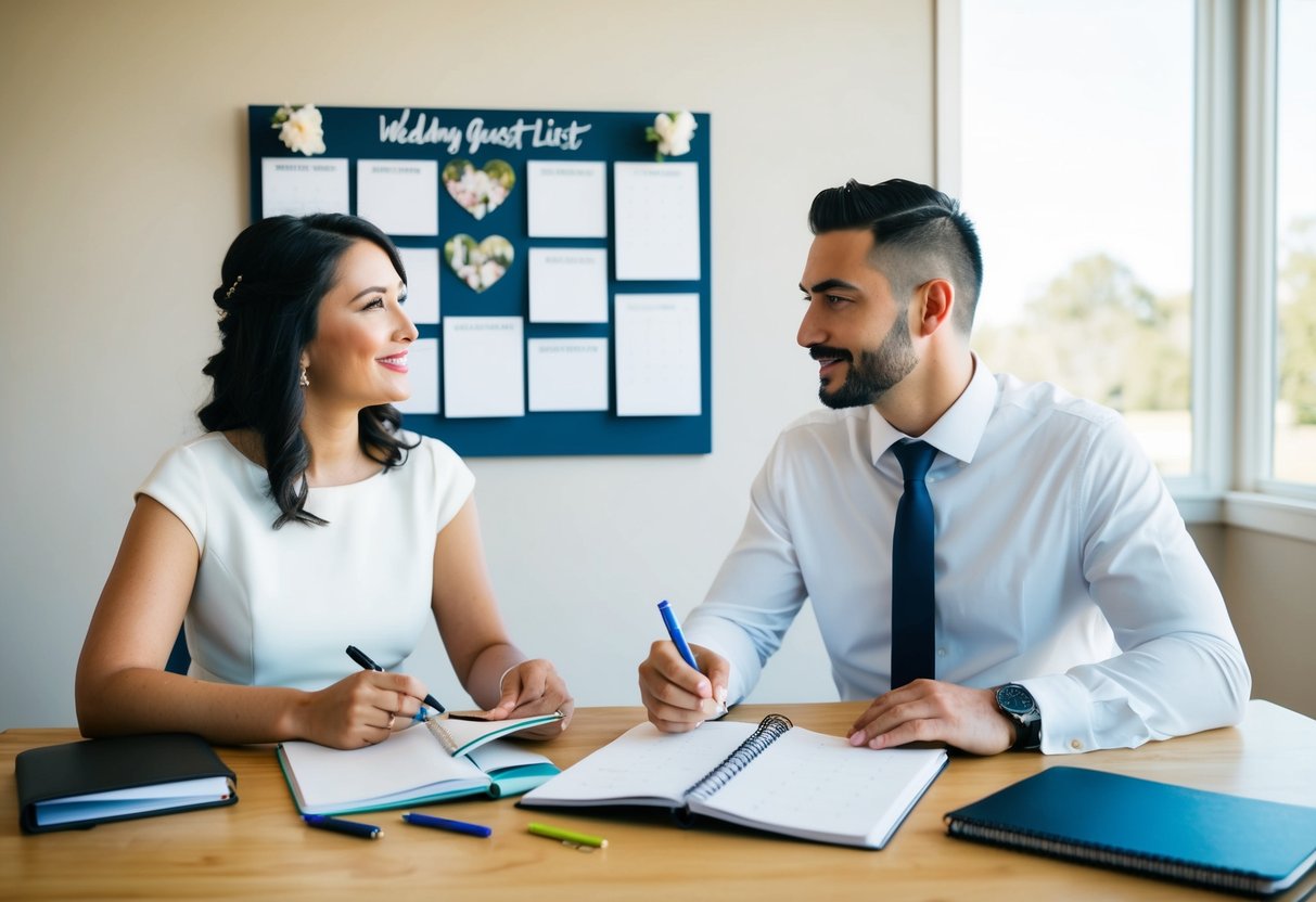 A couple sits at a table with a notebook, pens, and a calendar, discussing their wedding guest list. A vision board with wedding inspiration is displayed on the wall behind them