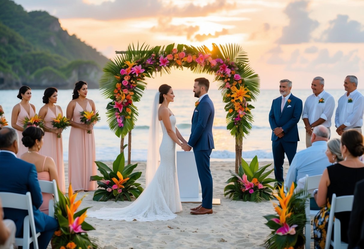 A couple standing at a beachside altar, surrounded by tropical flowers and a picturesque sunset, while family members stand at a distance, looking on with disappointment